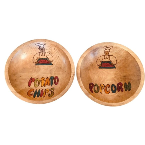 Vintage Wood Potato Chips Popcorn Wood Bowls Set of 2 Movie Night Party Theme - Picture 1 of 5